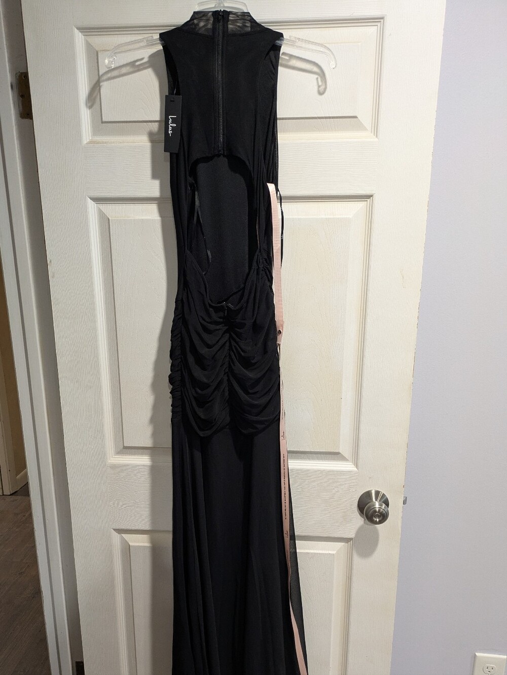 Lulus Alma Black Mesh Mock Neck Ruched Maxi Dress - Size M - Picture 3 of 5